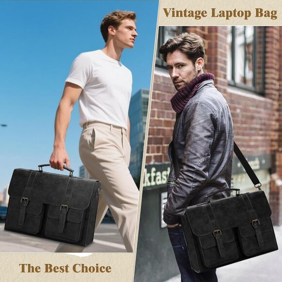 Men's Black 15.6 Inch Water proof Laptop Bag Leather Briefcase Computer Bag - Picture 5 of 6